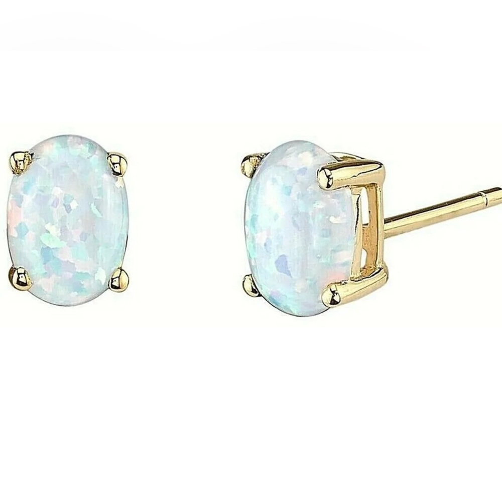 Natural 2.00 Carat Opal Oval Shape Stud Earrings 14K Yellow Gold Value $595